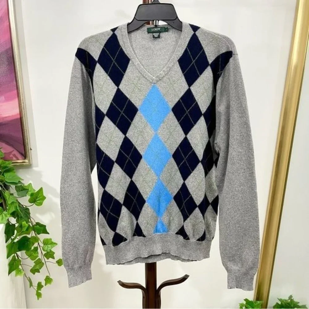 J. Crew Mens Argyle Pullover V- Neck Sweater in Gray Blue Size L - Picture 4 of 4